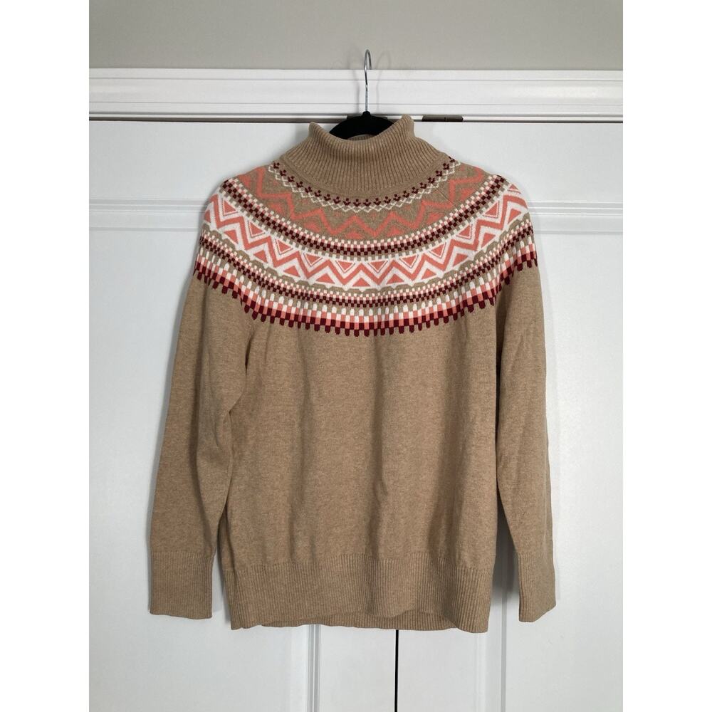 L.L.Bean Fair Isle Turtleneck Sweater Womens M Petite Cotton Cashmere Blend NWT